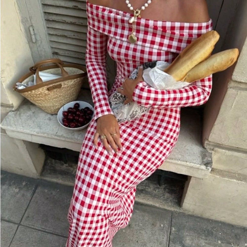 Red and White Gingham Off-Shoulder Midi Dress